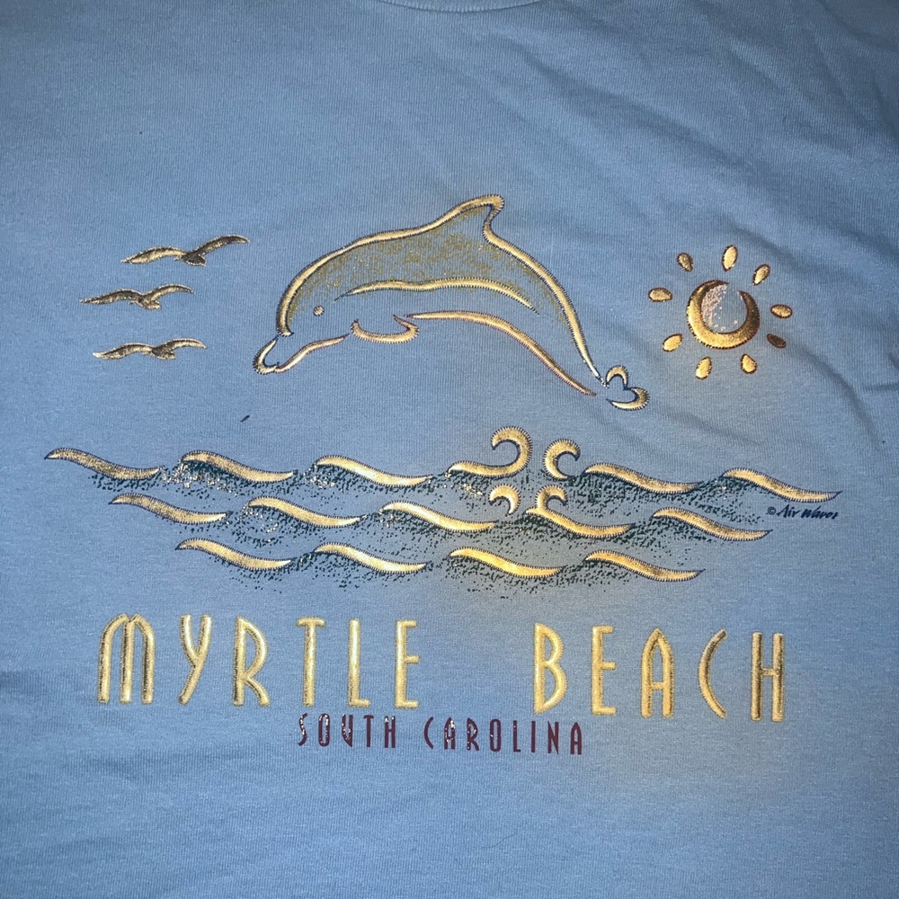Retro looking pale blue gold dolphin Myrtle Beach tee shirt